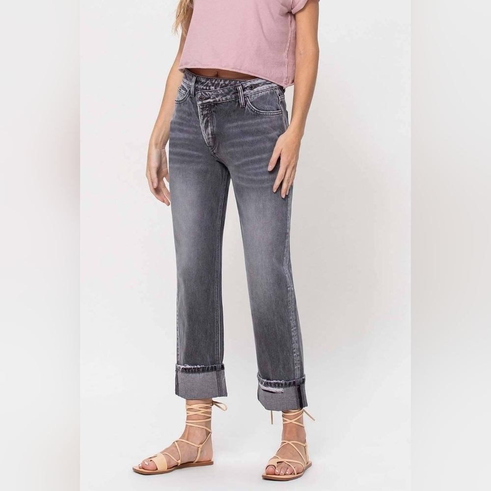High-Rise Gray Straight-Leg Jeans